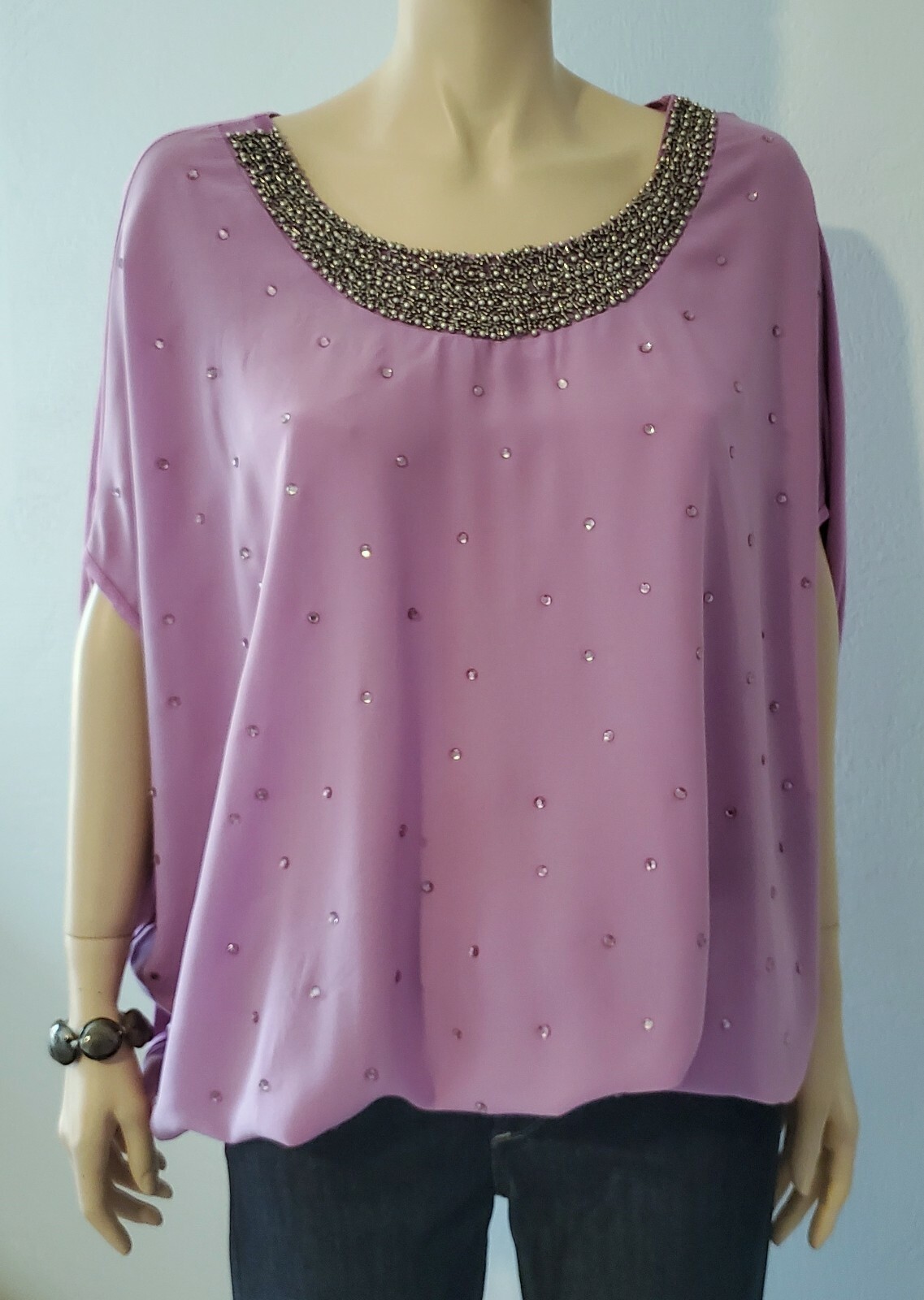 Vertigo Glam Beaded Rhinestone Dolman Sleeve Blouse Purple Party Top XL NWT $140