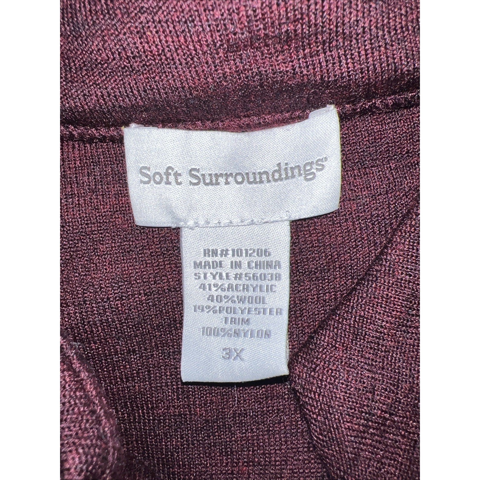 Soft Surroundings Burgundy Wool Blend Velvet Trim Split Neck Tunic Sweater 3X
