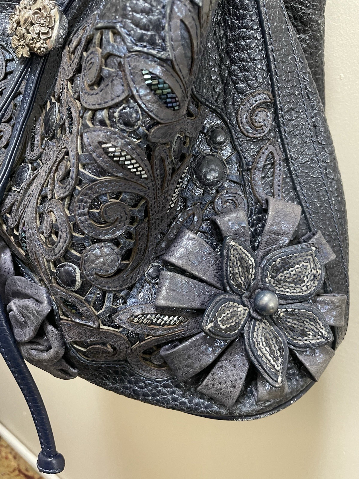 Brighton Blue Floral Beaded Applique Drawstring Bucket Shoulder Bag Strap