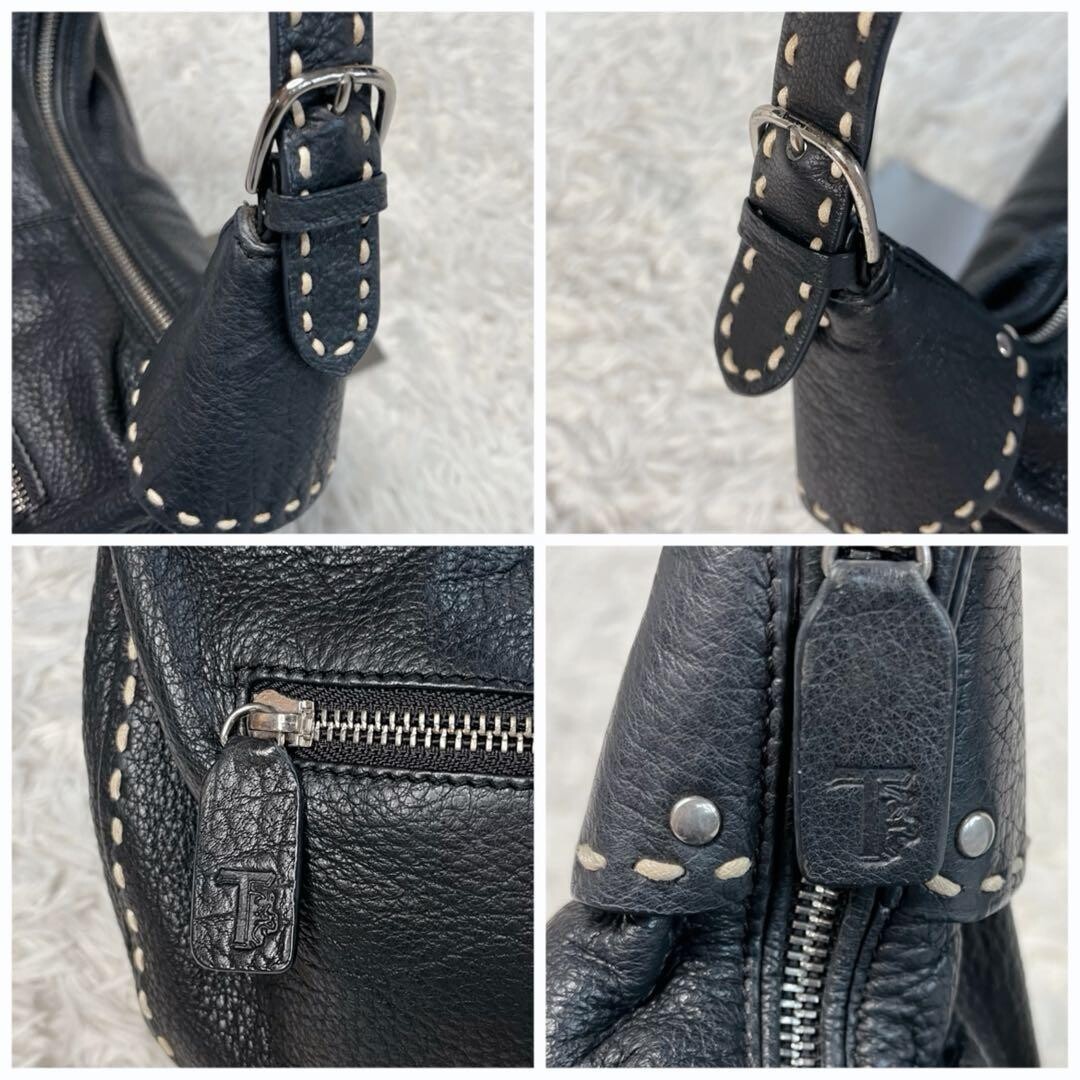 TOD’S Black Leather Half Moon Shoulder Bag White Stitching Y2K Pebbled Logo Auth