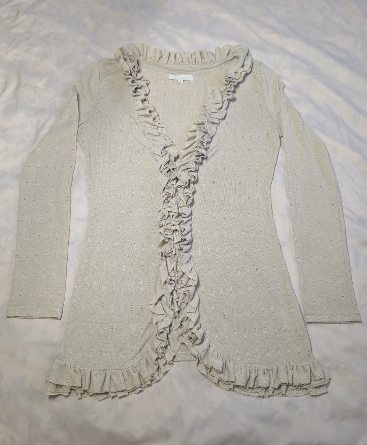 Tea N Rose Women’s Ruffle Front Cardigan Sweater Beige S Long Sleeve Cottagecore