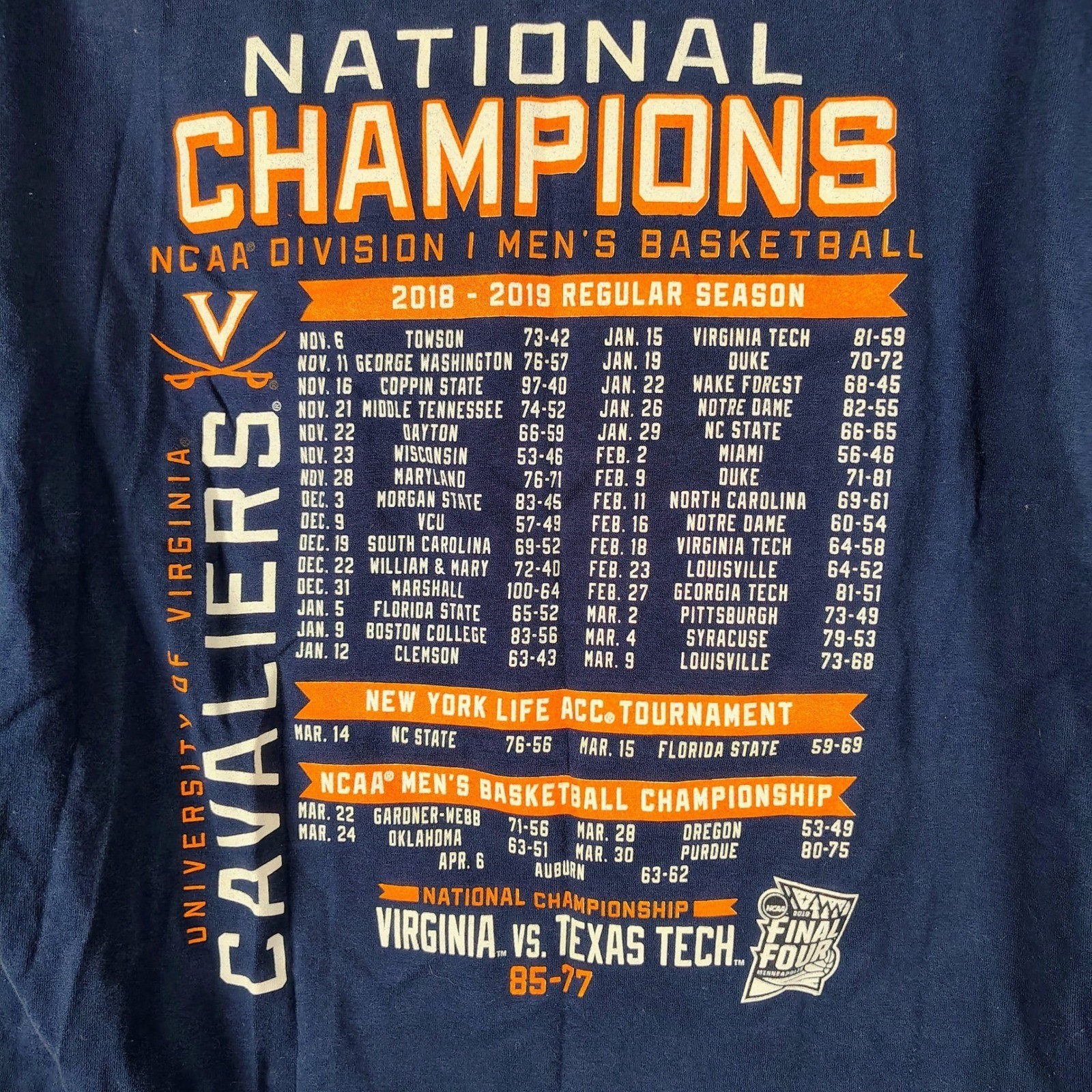 Virginia Cavaliers 2019 NCAA Basketball National Champions Shirt L Hanes Navy