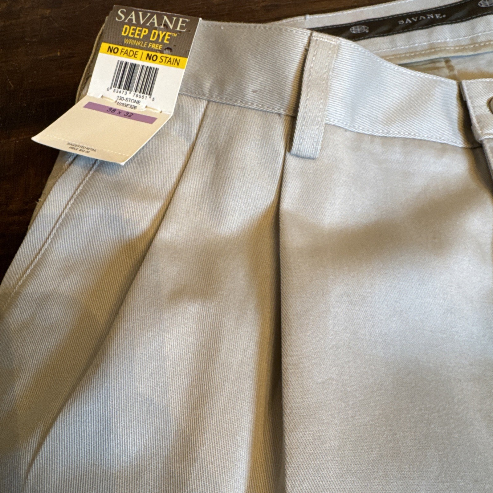 Savane Deep Dye Wrinkle Free Pant Mens 38×32 Khakis Pleated Straight NWT