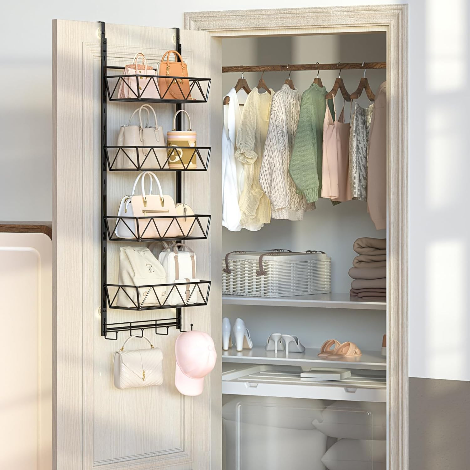 Purse Organizer Over The Door – 5 Tier Handbag Organizer with 4 Adjustable Metal