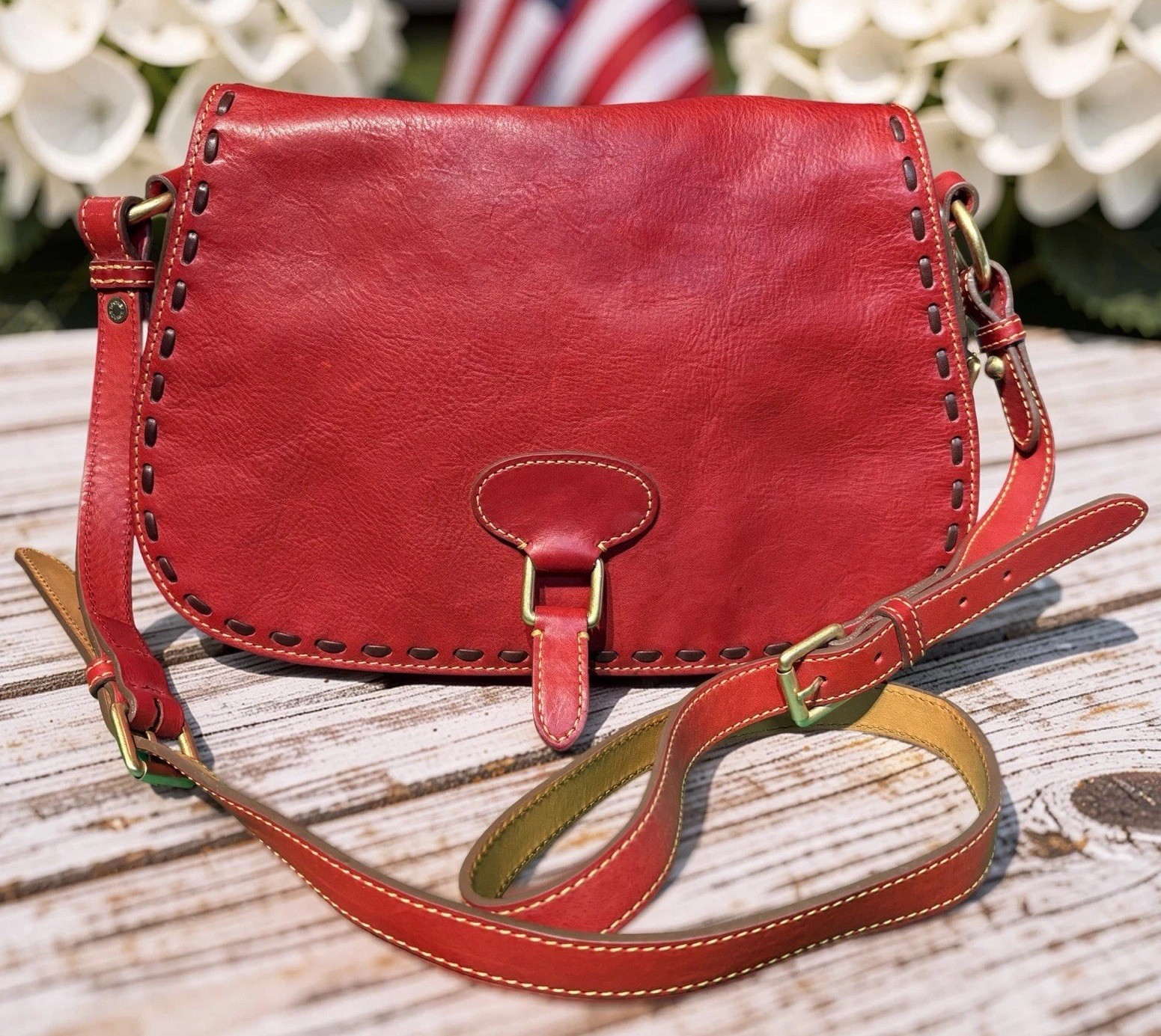 Dooney Bourke Red Florentine Vacchetta Leather Saddle Messenger Shoulder Bag