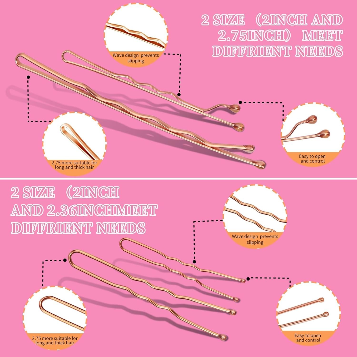 300 Pcs Bobby Pins W/ Hair Pins Hair Bands Kit Rose Gold 2in 2.36in 2.75in Women