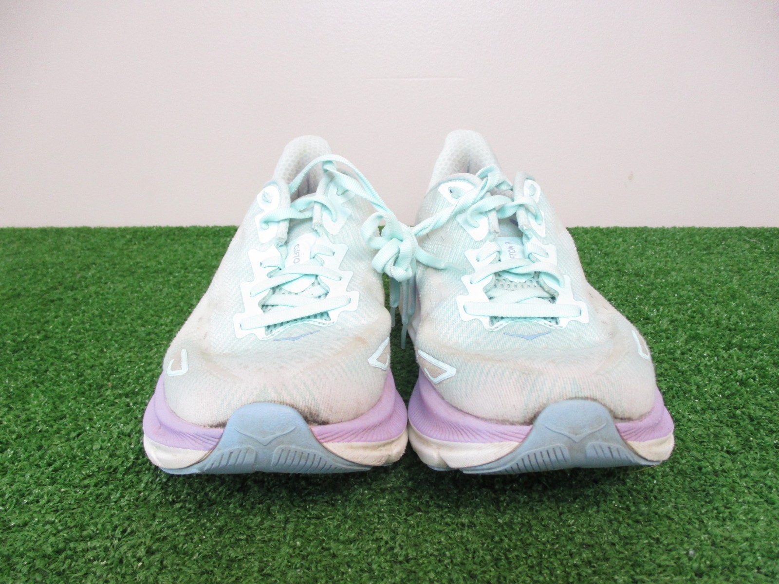 Hoka Clifton 9 Shoes Womens 9.5 Green Purple White Track Road Running Cushion *