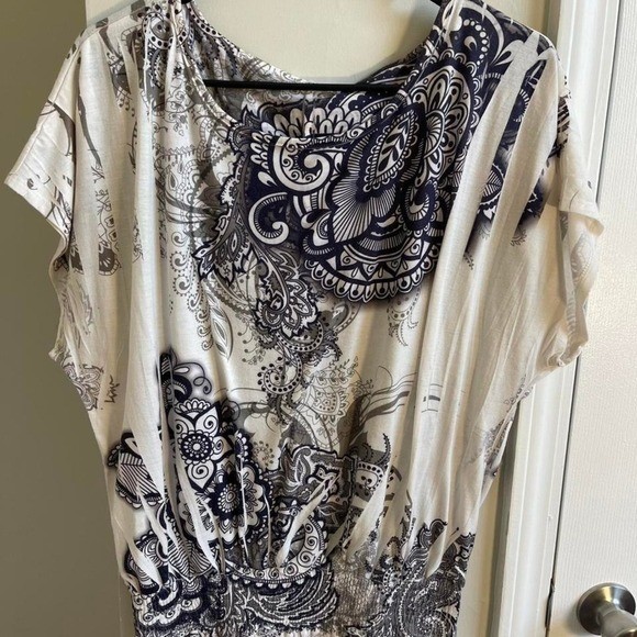 Navy White Paisley Medallion Blouson Top Smocked Waist Dolman Sleeve Boho