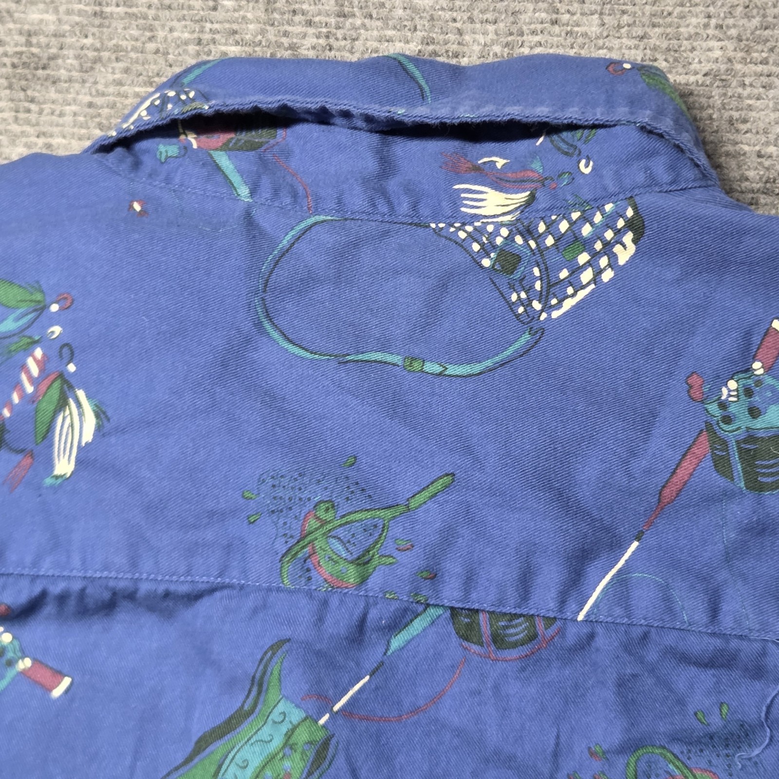 Vintage GAP Fishing Fisherman Print Button Down Mens Shirt Rod Reel Tackle Sz XL