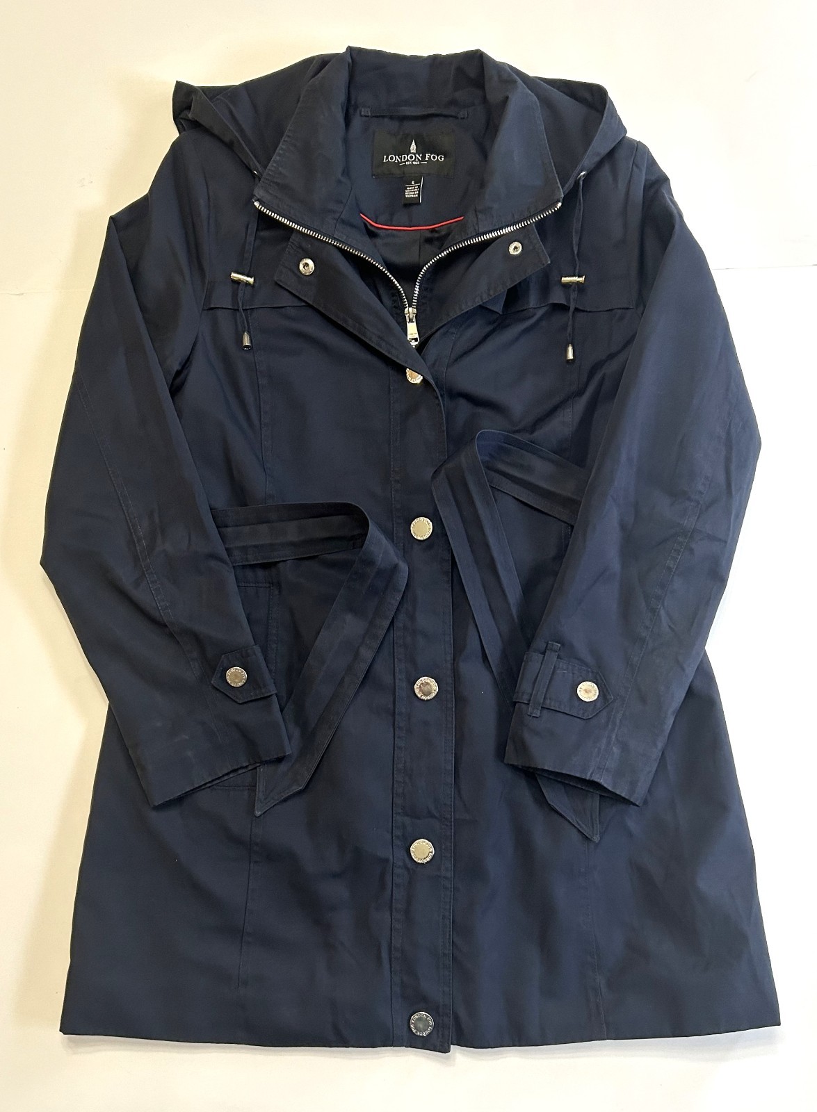 London Fog Women’s Navy Blue Hooded Raincoat Size S Belted Zip Snap Front