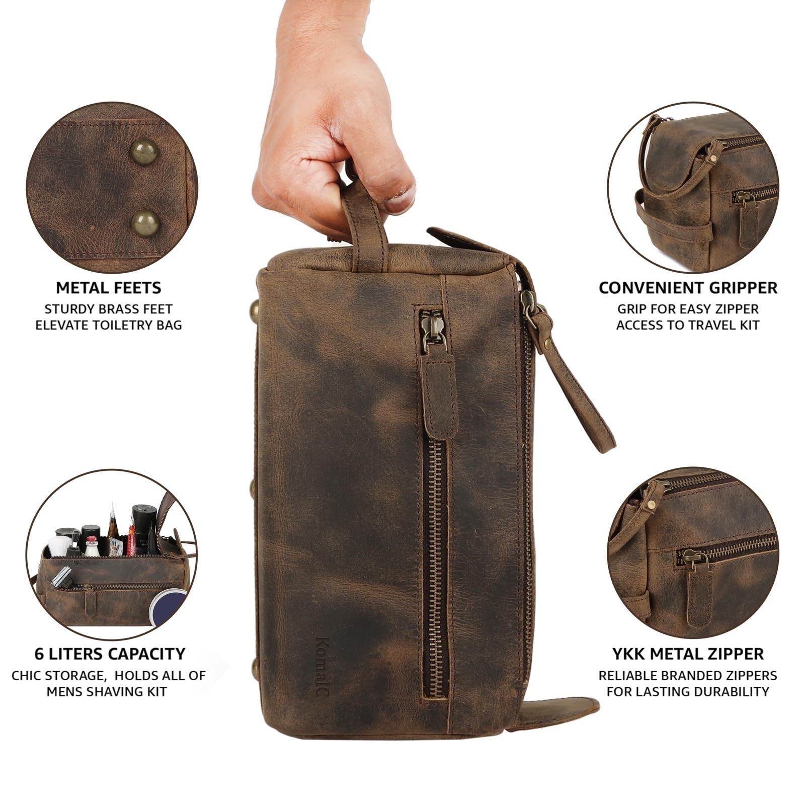 Premium Buffalo Leather Toiletry Bag – Water-Resistant Grooming Pouch, Unisex Tr