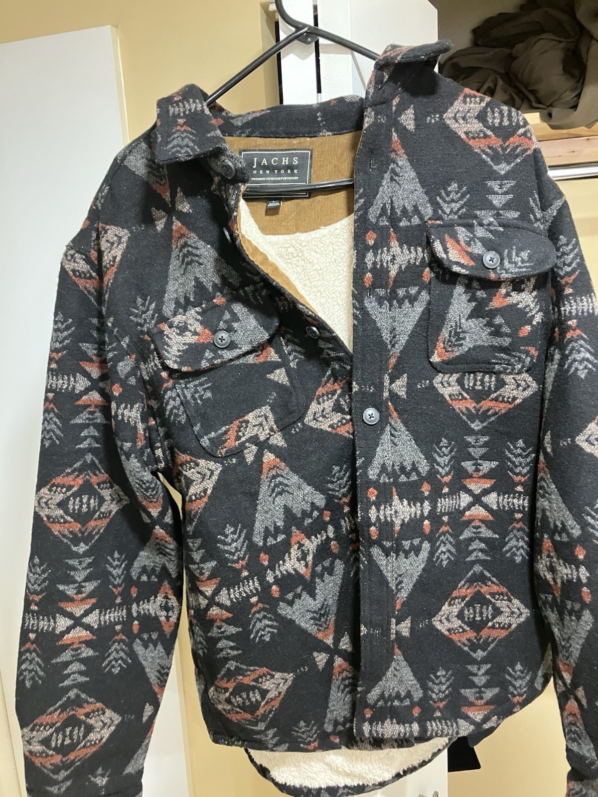 NWT “Jachs New York” Mens Aztec Jacket SherpaLined Black/Red/Gray L