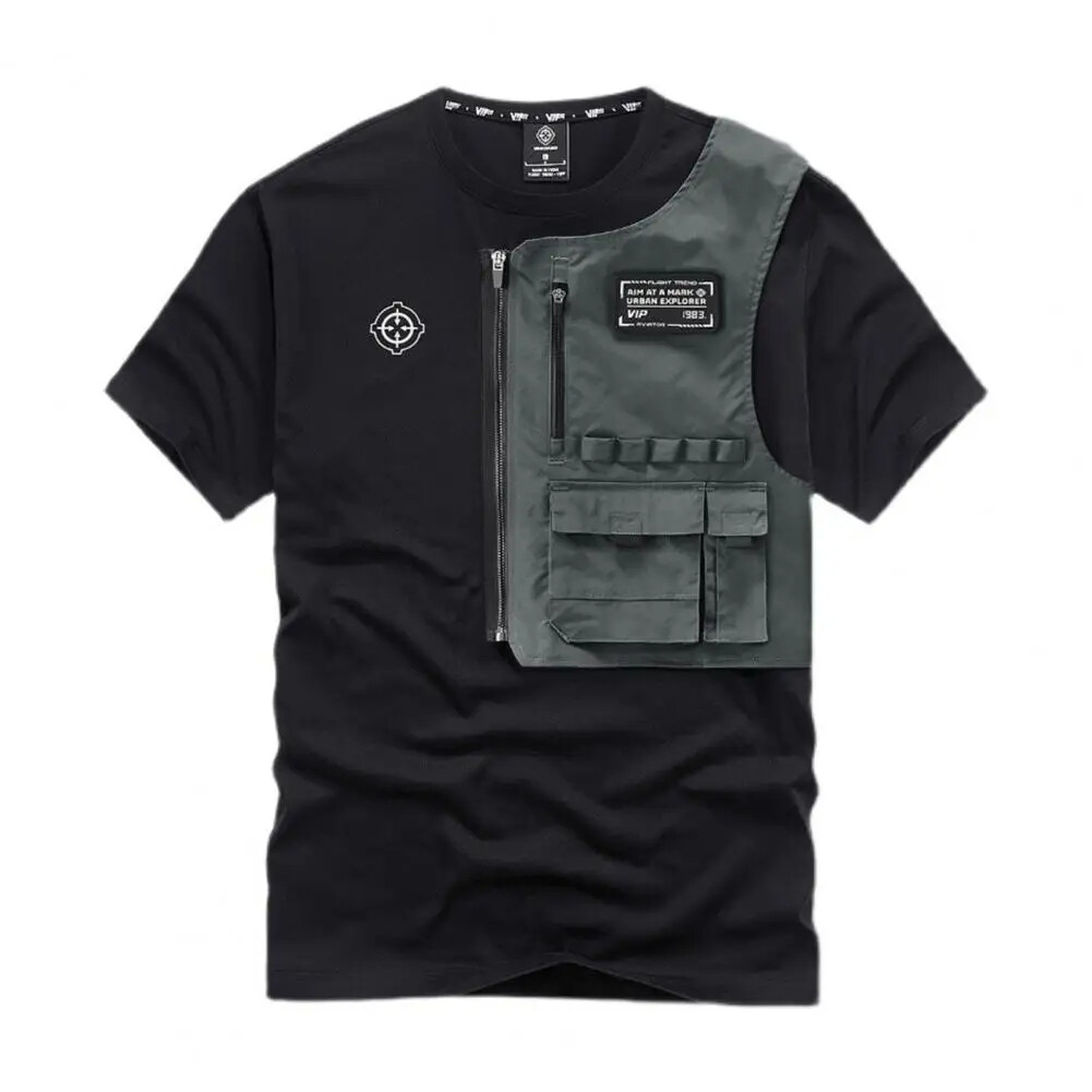 Men Shirt Zipper Black Cargo Sweatshirt Detachable Pockets Summer Short Sleeve
