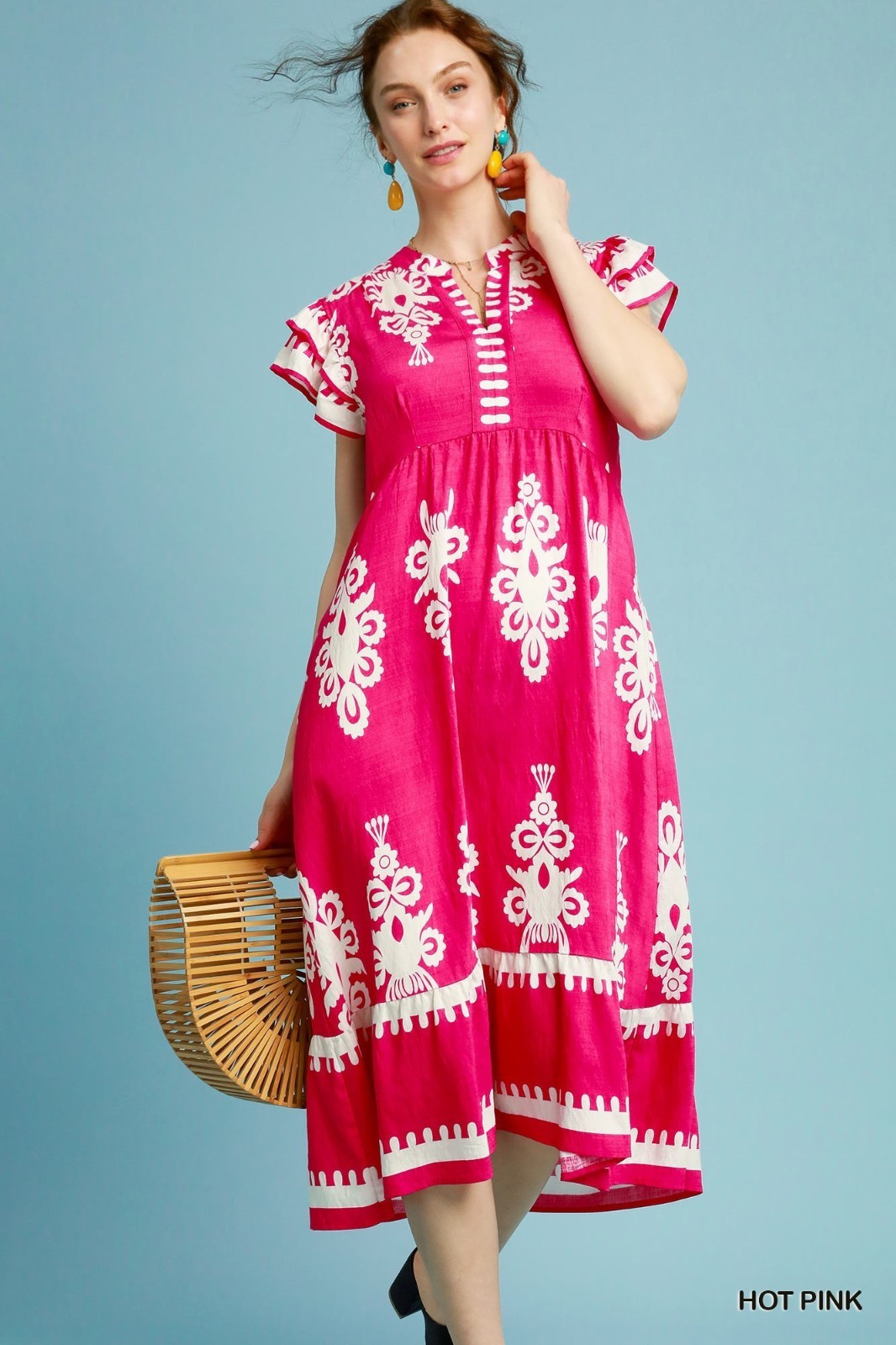 Umgee Fushia Floral Print Split V Neck Dress w/ Short Flutter Sleeves