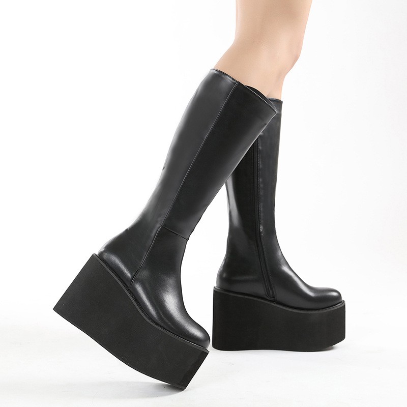 Women’s Knee High Boots Platform Wedge Heel Zipper Gothic Shoes Thick Sole Hot