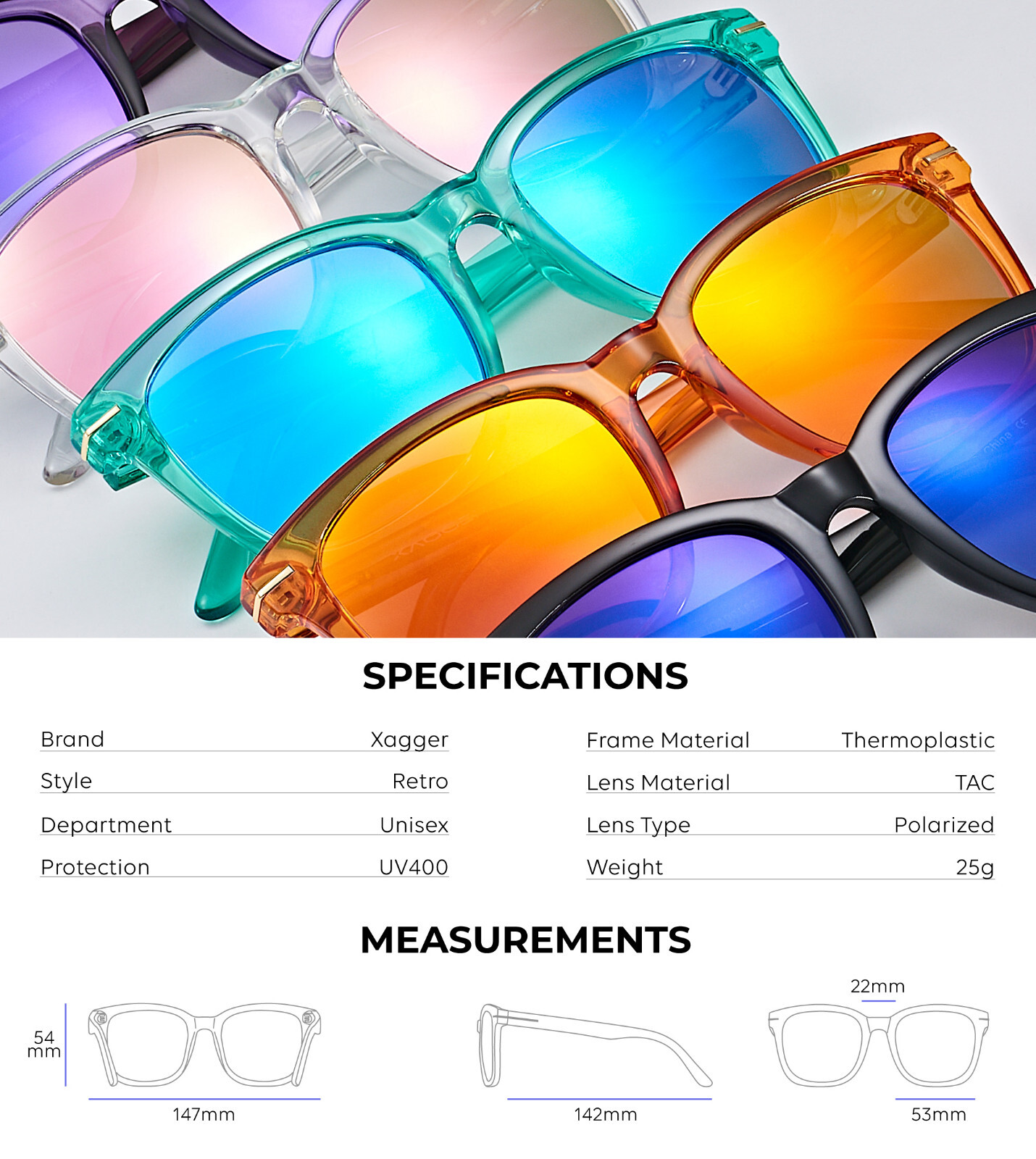 Xagger Square Polarized Mirrored Sunglasses for Women Colorful Neon 80s Retro