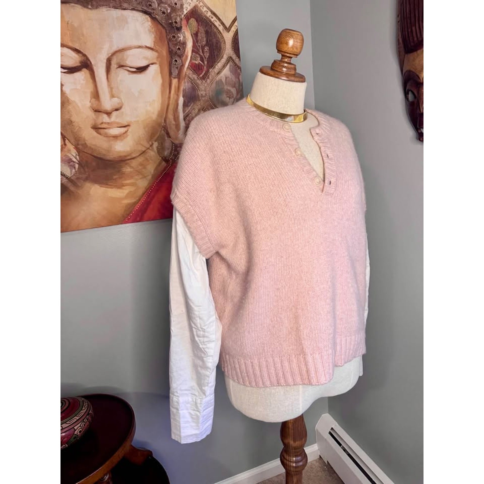 Naadam Cotton/Cashmere Blend Blush Mixed Media Henley Knit Sweater