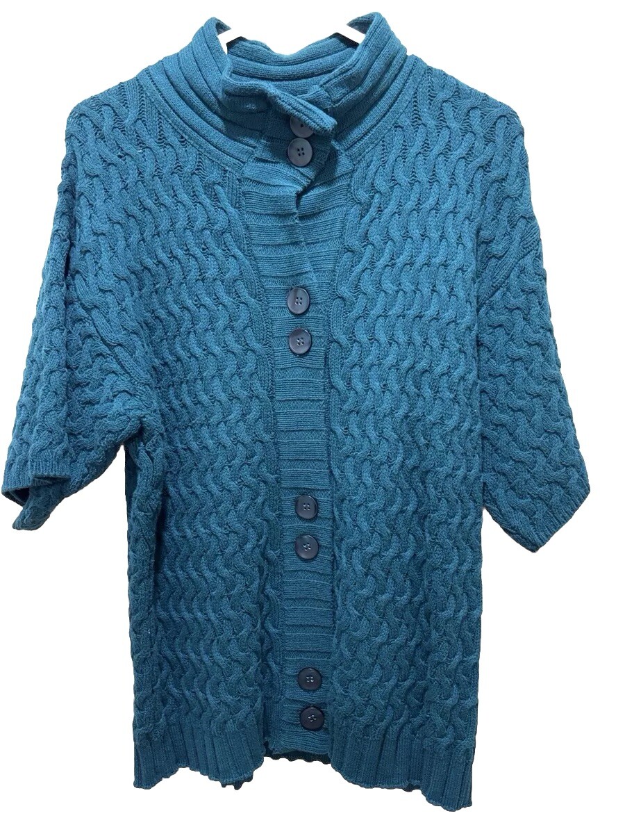 Liz & Co Cardigan Sweater Women L Green Cable Knit Acrylic Blend Heritage