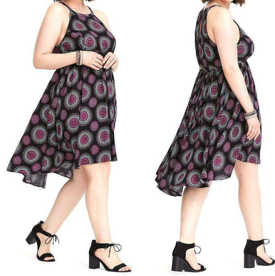 Torrid Midi Medallion Hi Lo Challis Halter Tank Dress Black 00 M L 10 #41463