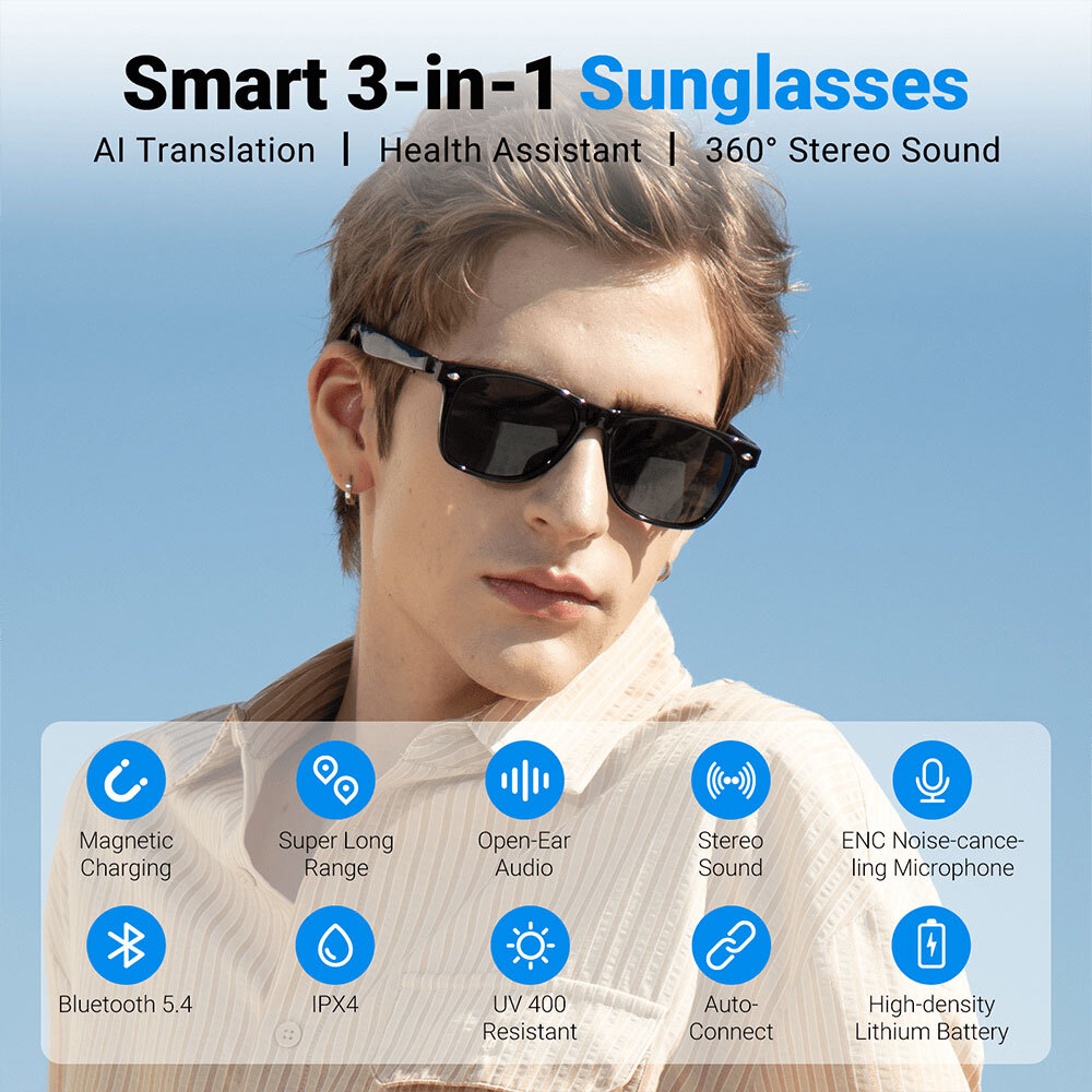 Bluetooth Smart Glasses with Speakers Eyewear Music translator Headphones Green