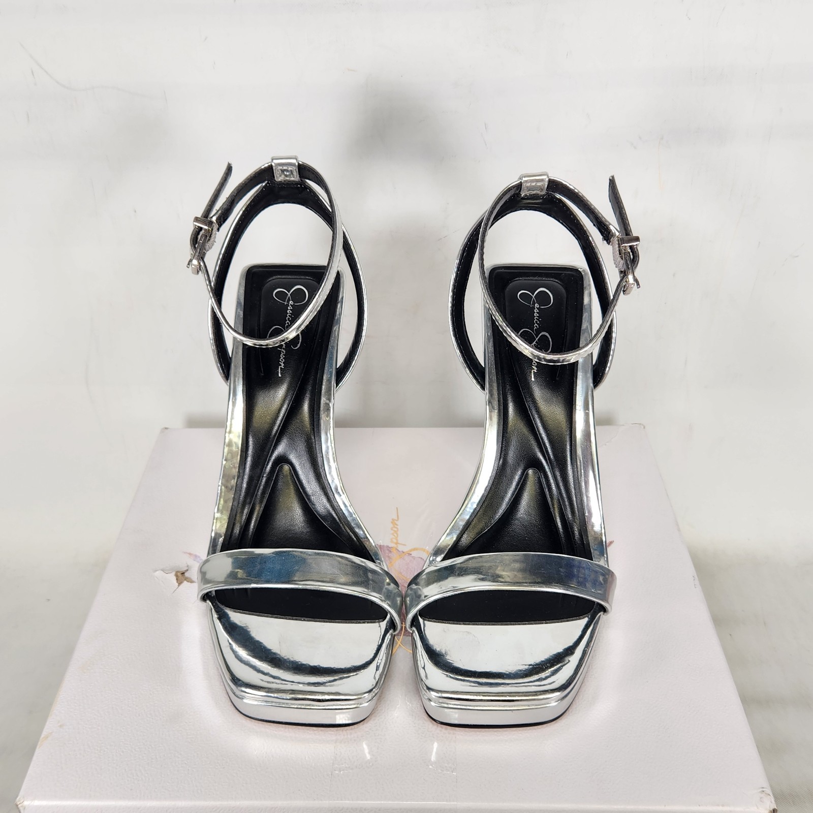 6 WOMEN – Jessica Simpson Adonia – Silver Gloss Metallic – Ankle Strap High Heel