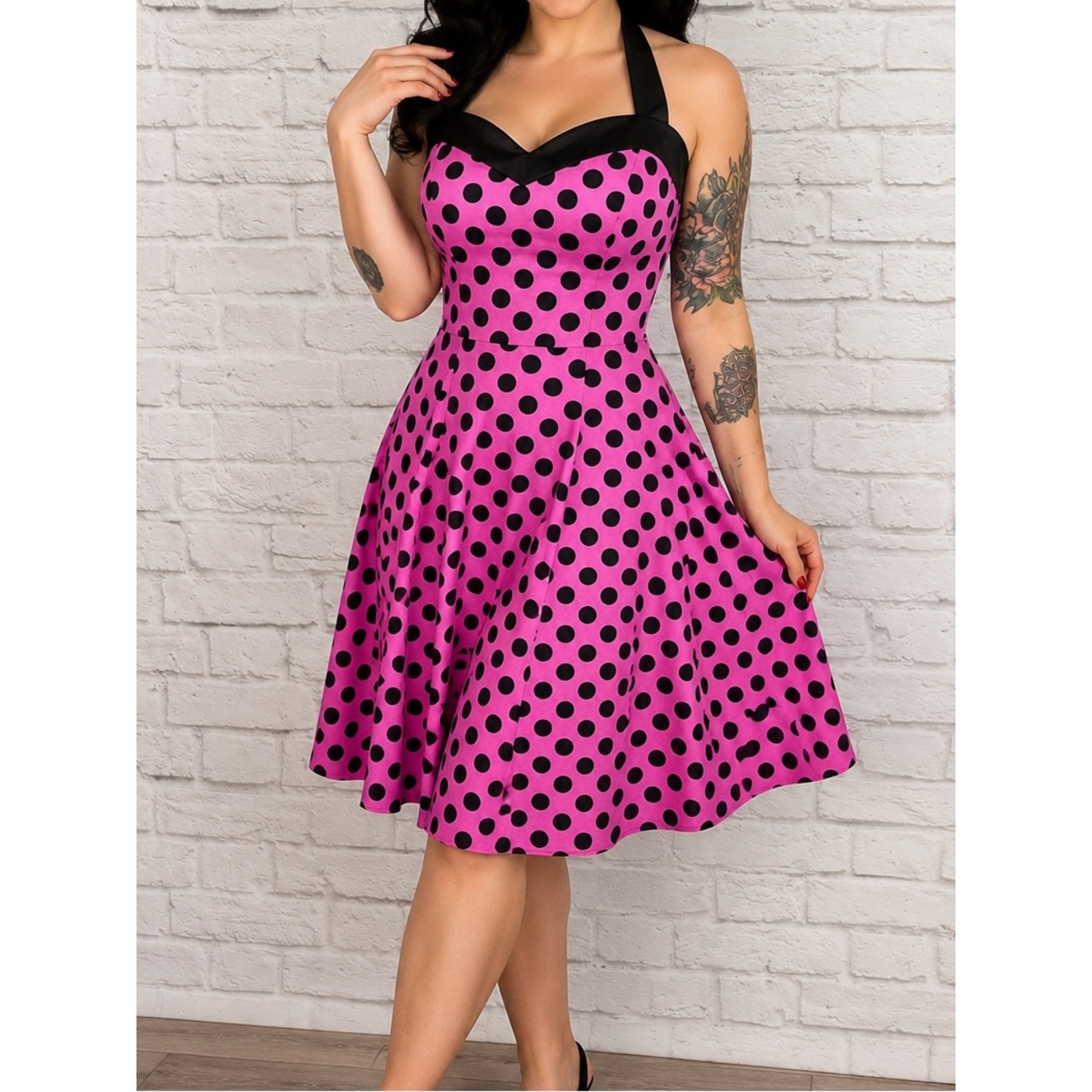 Dress Tells Pink Black Polka Dot Halter Dress XL Retro Pinup Rockabilly