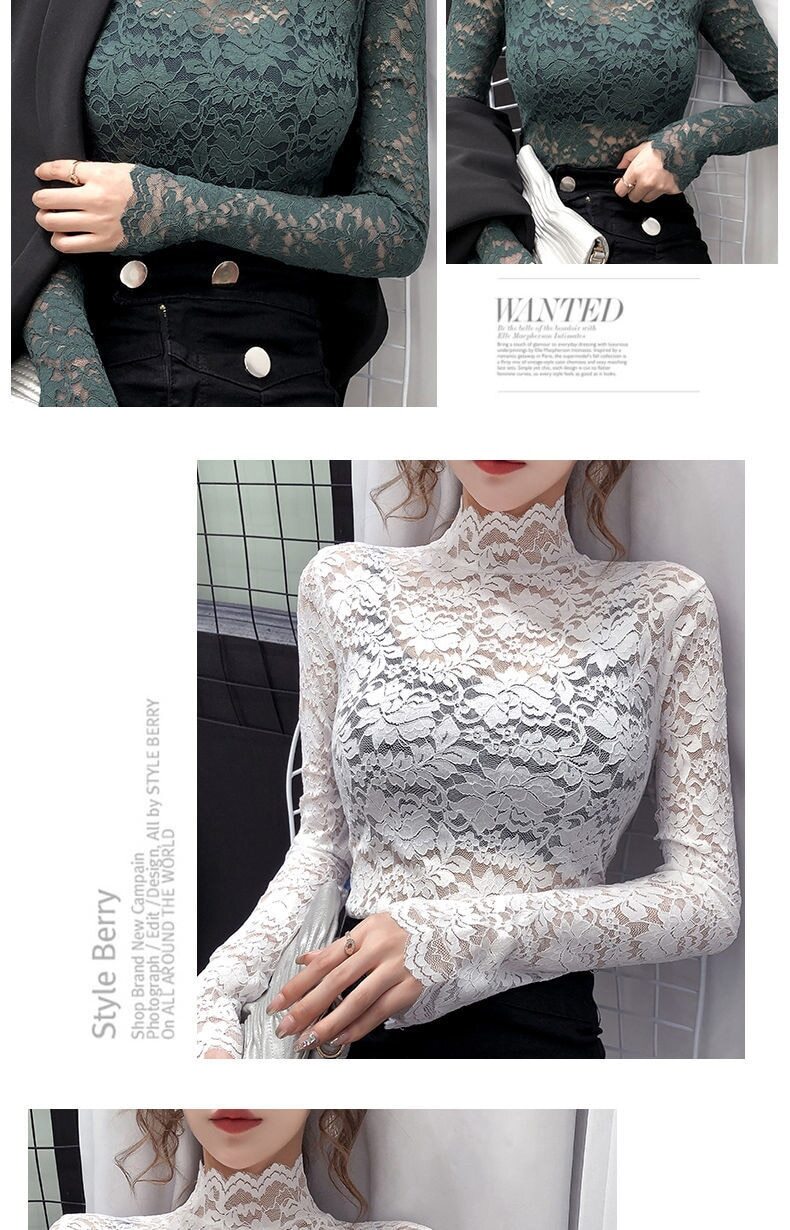 Half High Collar Lace Bottomed Blouse Mesh Hollow Out Long Sleeve Shirt Plush