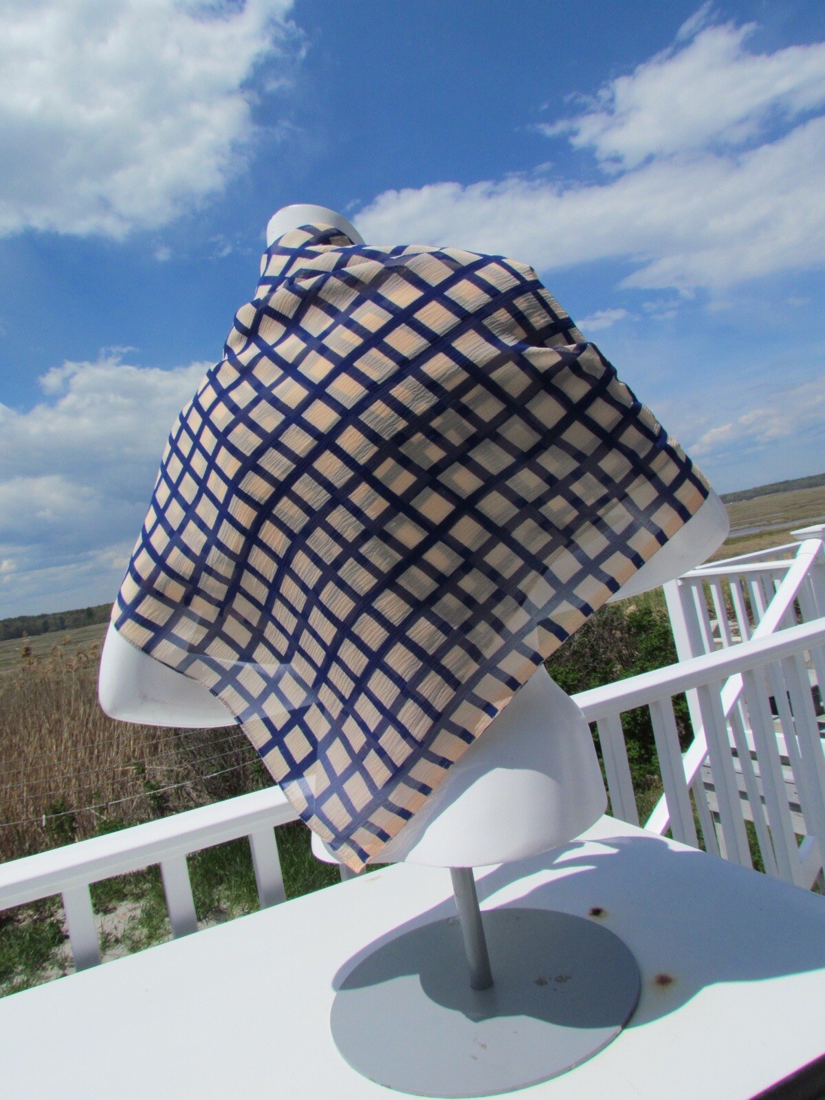 scarf 42” (107 cm) square beige royal blue geometric grid crepe large head tan