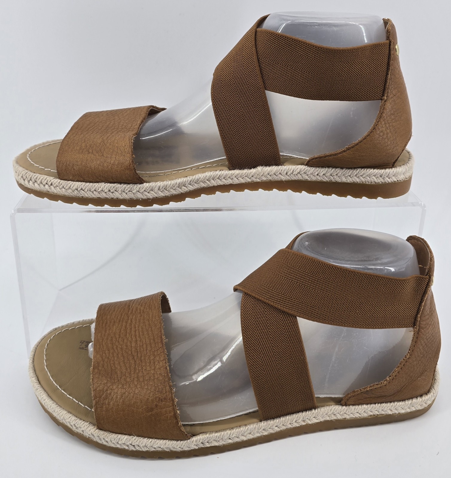 SOREL ‘Ella’ Brown Leather Jute Flat Sandals Sz 9 Elastic Gore Ankle Wrap Boho