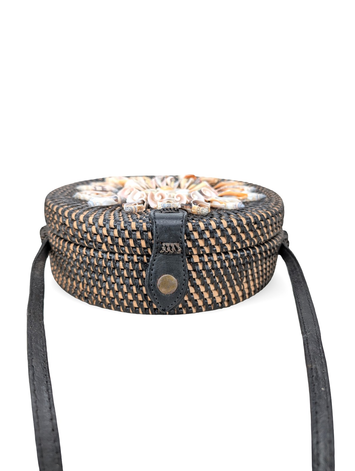 Black Shell Boho Bag, Shell Floral Rattan Bag, Dart Rattan Handbag