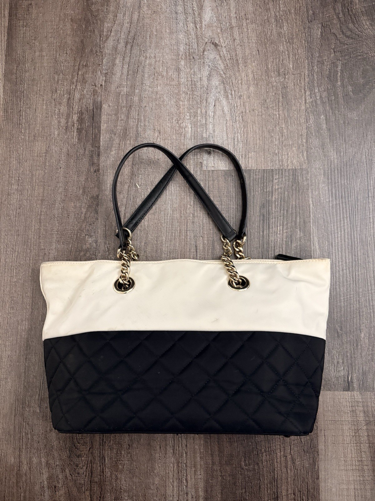 Calvin Klein Black And White Quilted Tote Bag Golden Chain Strap