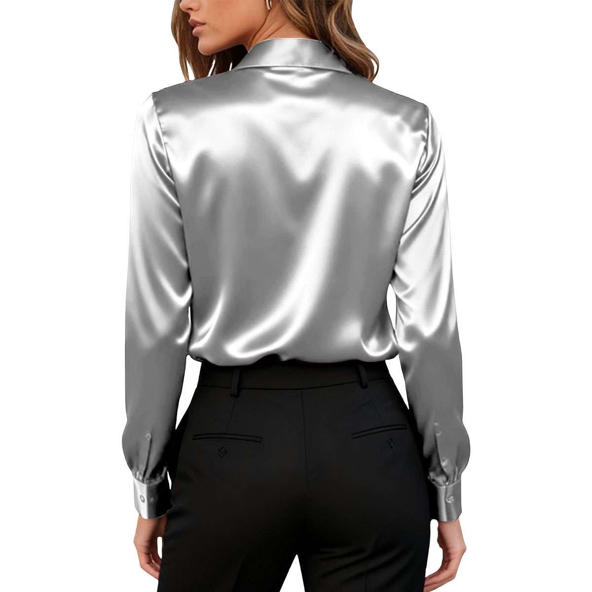 Elegant Women Satin Shirt Solid Color Long Sleeve Blouse Casual Button Down Tops
