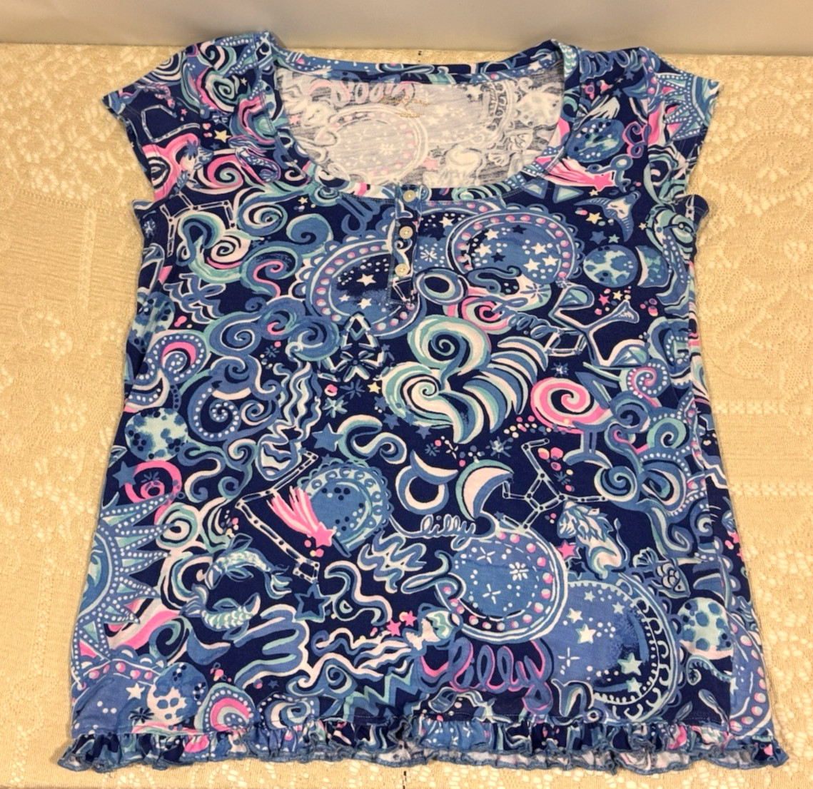 Lilly Pulitzer PJ Knit Ruffle Henley Top Blue/Pink Cosmic Kismet Size XS