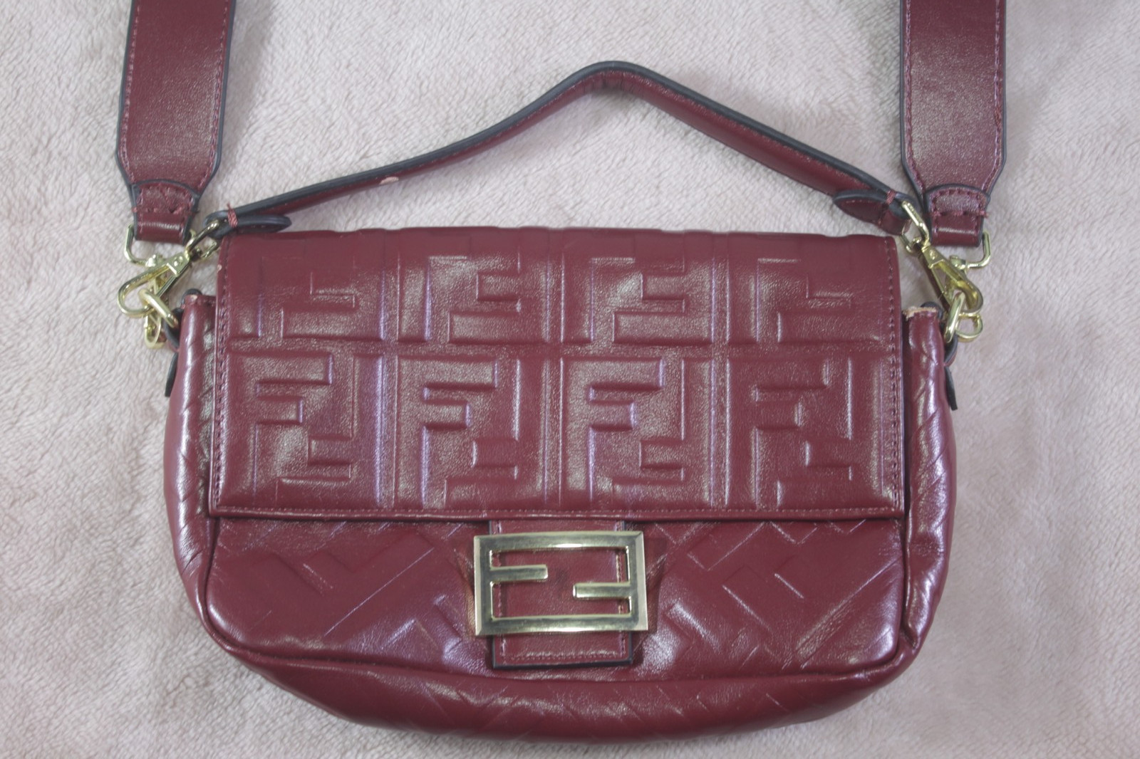 Fendi Baguette Large Red Zucca Embossed Leather Shoulder Bag