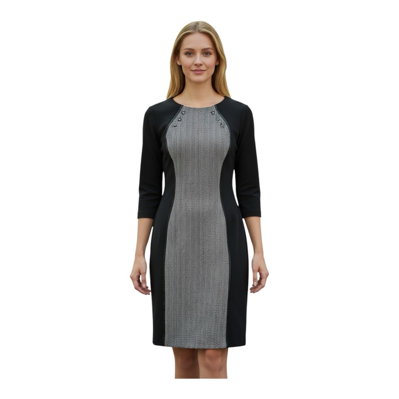 Tahari Dress Size 8 Black Gray Herringbone Black Knit Career Wear to Work Luxury