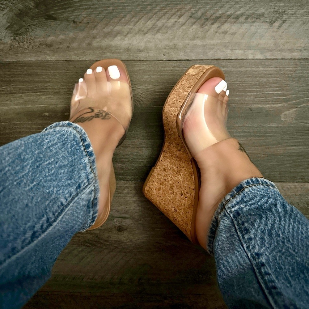 NEW Transparent Clear Open Toe Cork Platform Wedge High Heel Slide Sandal Mules