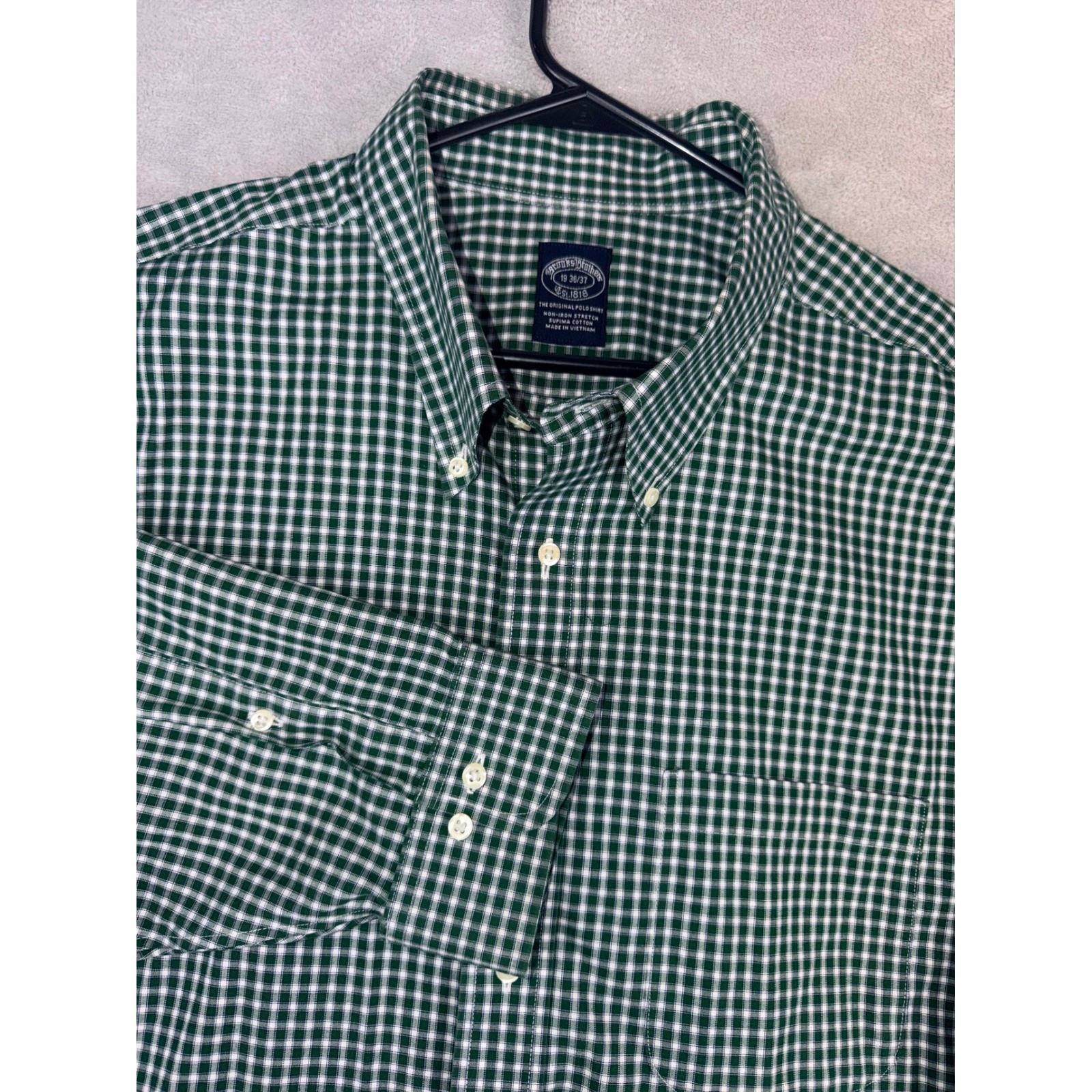 Brooks Brothers Mens 19X36/37 Green Gingham Supima Non-Iron Stretch Shirt