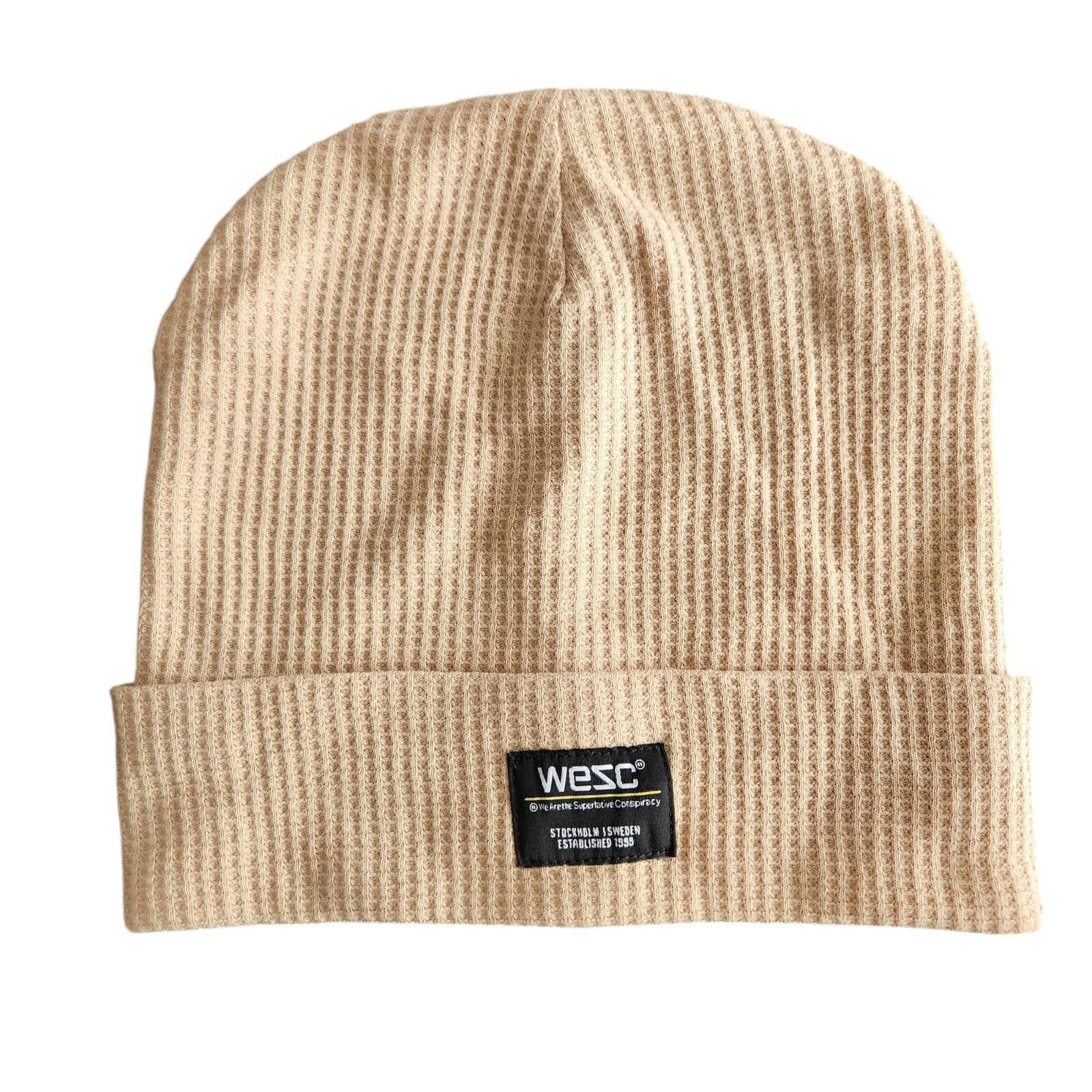 WeSC Thermal Knit Beanie Beige Tan Men’s L /XL Cuffed Winter Hat Toque NWOT
