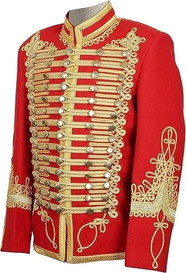 Men’s Red Hussar Military Jacket Gold Braid Band Parade Coat Napoleonic Slim Fit