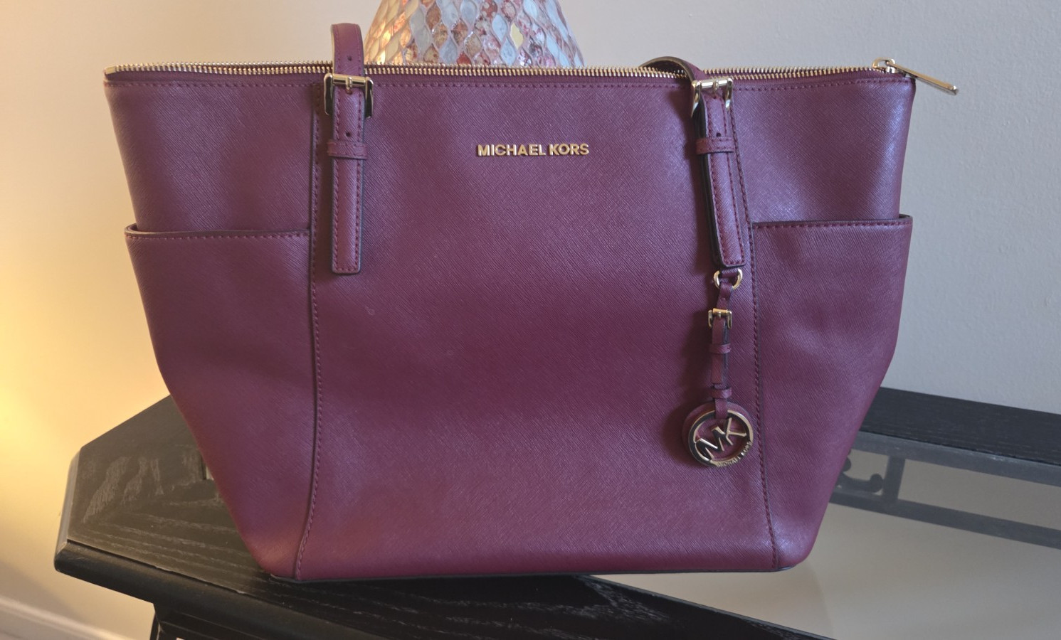 Michael Kors Burgundy Medium Zip Tote Bag Gold Hardware, Pockets, Logo Charm