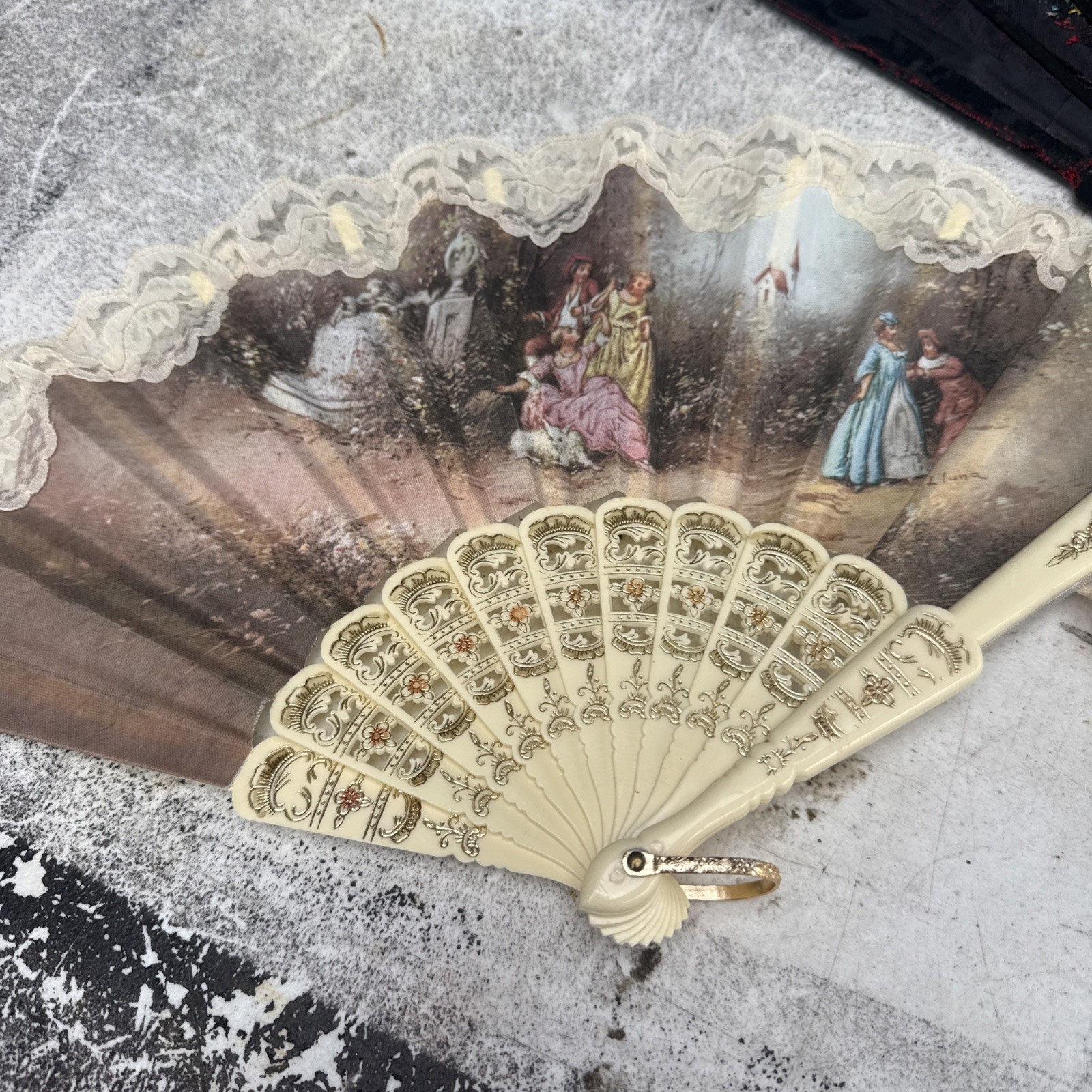 Victorian Style Multicolor Floral Hand Fan Black Lace Trim Fabric Plastic