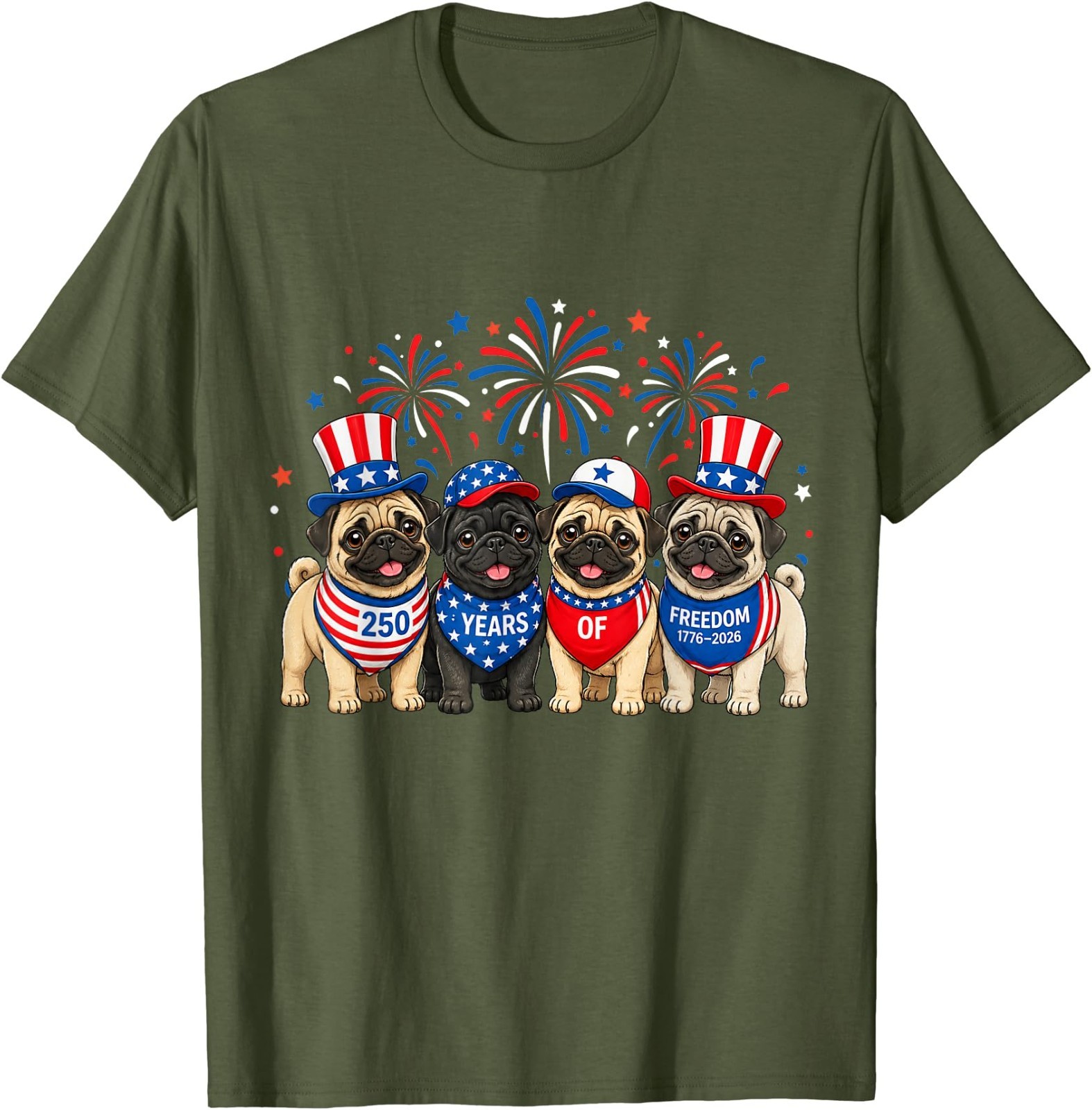 Pug Dog 250 Years American 1776 2026 4th July T-Shirt