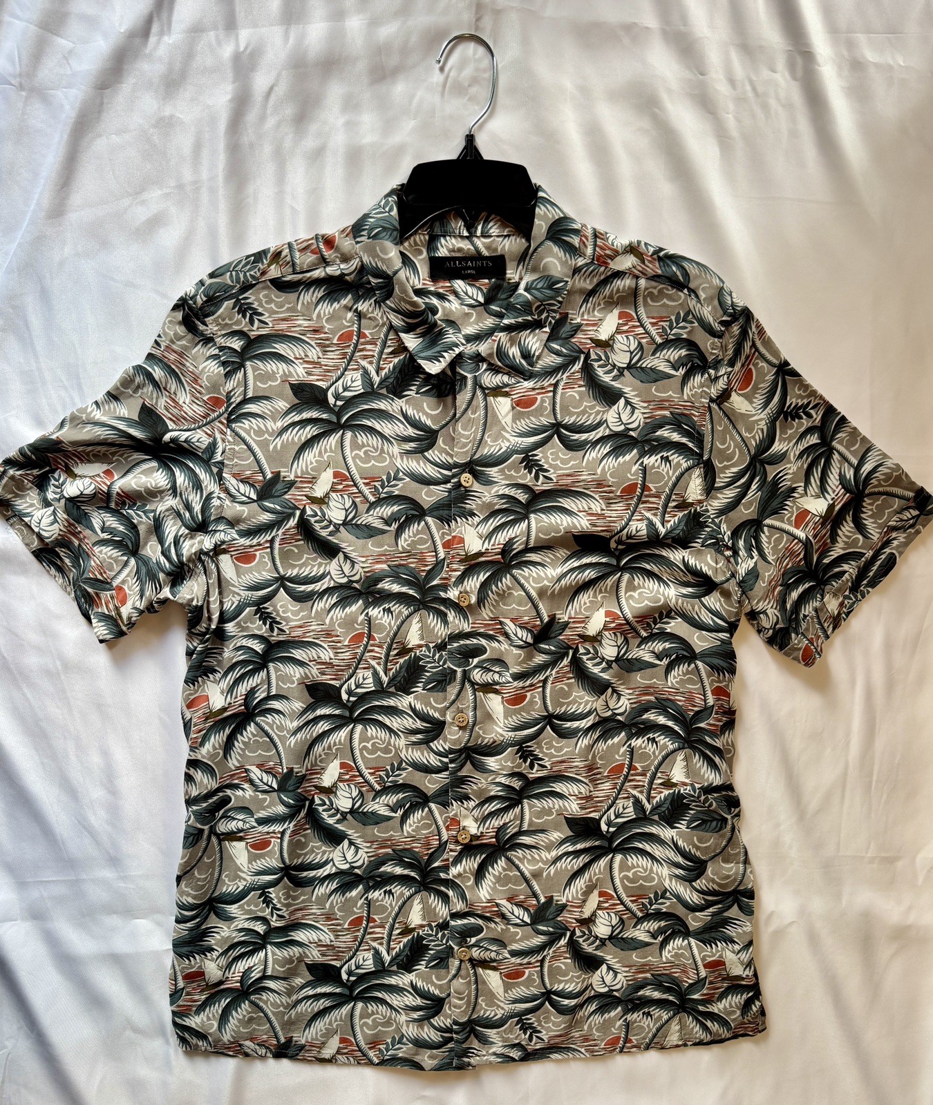 ALLSAINTS Men’s L Short Sleeve Button-Up Shirt VANUATU Nautical Ship Print