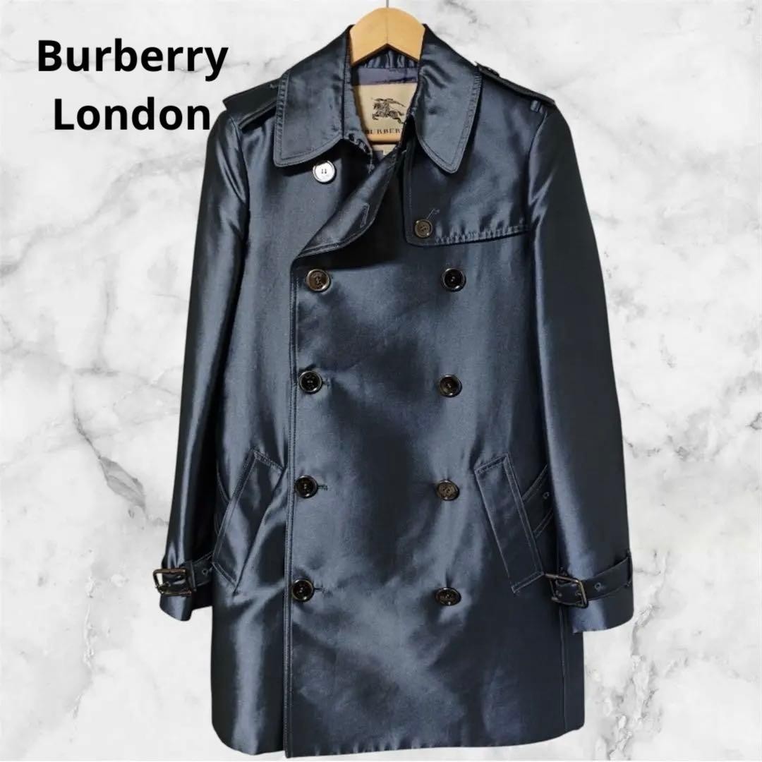 Excellent Condition Burberry London Trench Coat Double Button Blue Silk Blend