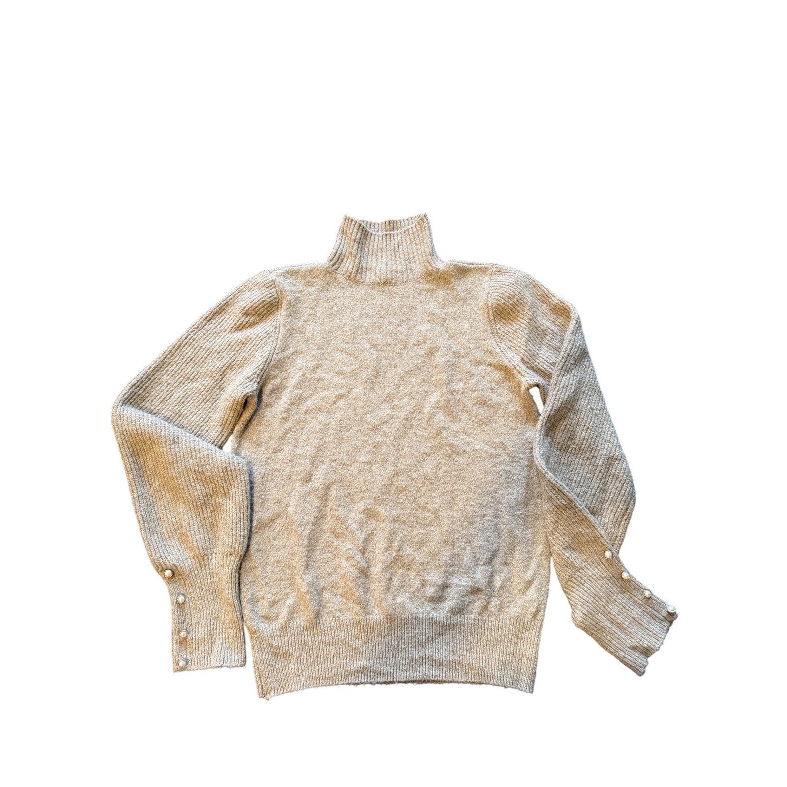 Scoop Womens Mock Neck Pearl Cuff Ribbed Knit Sweater Oatmeal Beige Size M 8-10
