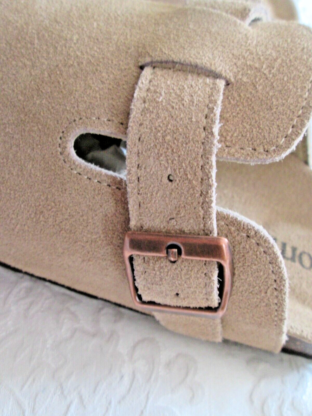 GOMFORT LT TAN/BEIGE SUEDE 41 SLIP-ON CLOGS CORK HEEL BUCKLE UPPER NEW