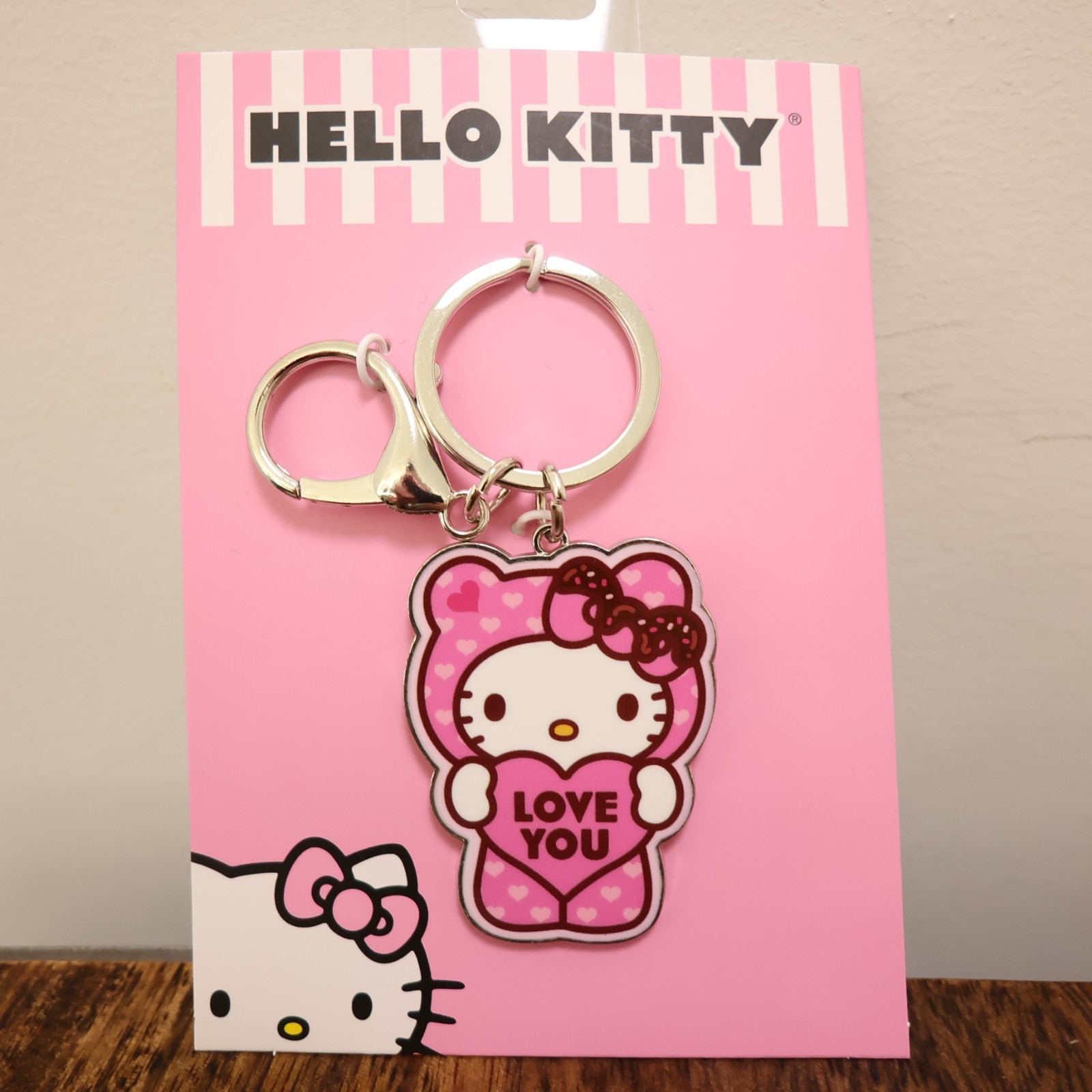 Hello Kitty keychain Sanrio Love You pink hearts sprinkles bow signed silvertone