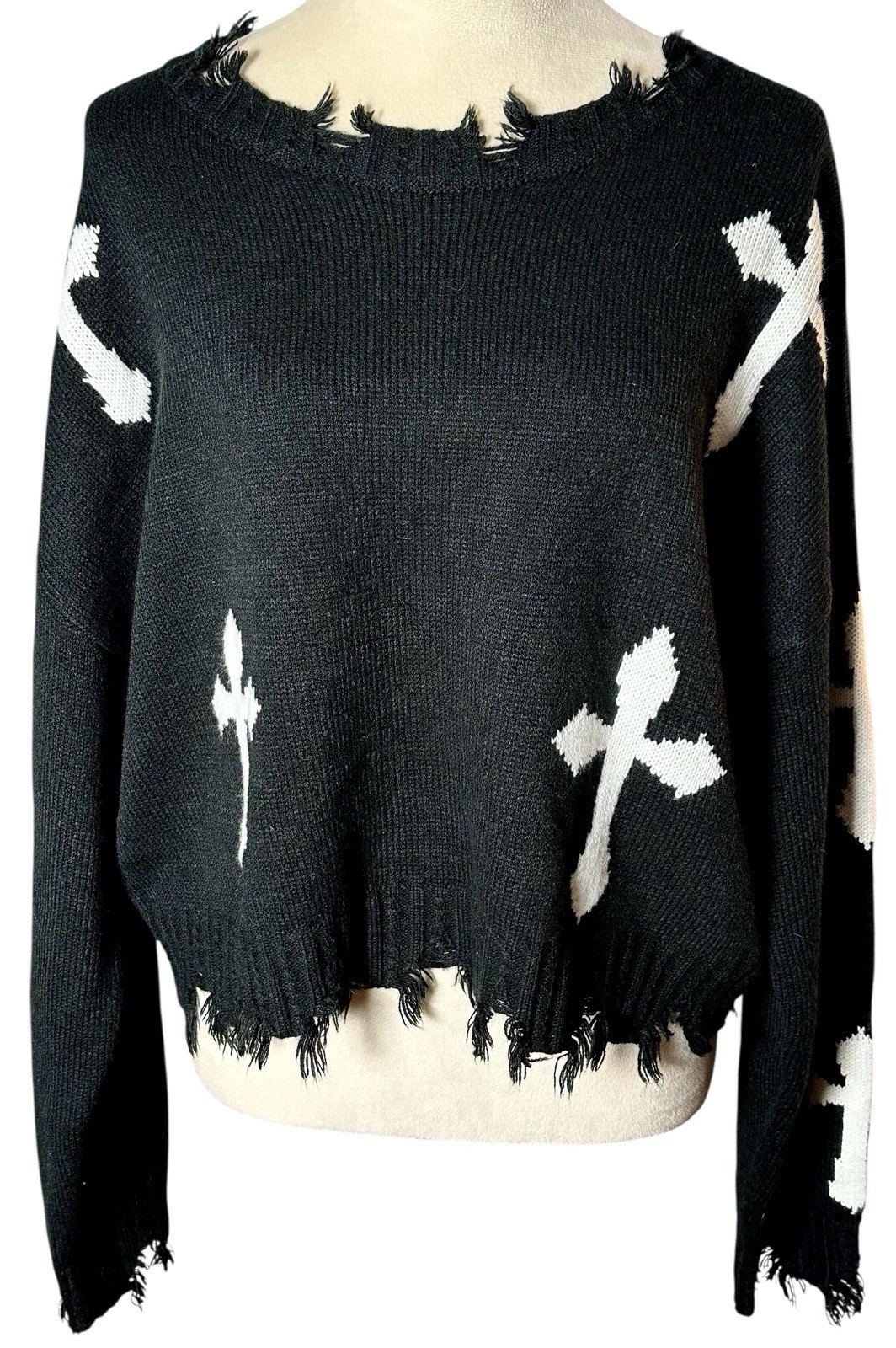 Distressed Fringe Womens Black Cross Knit Sweater Sz M Grunge WhimsiGoth Oversiz