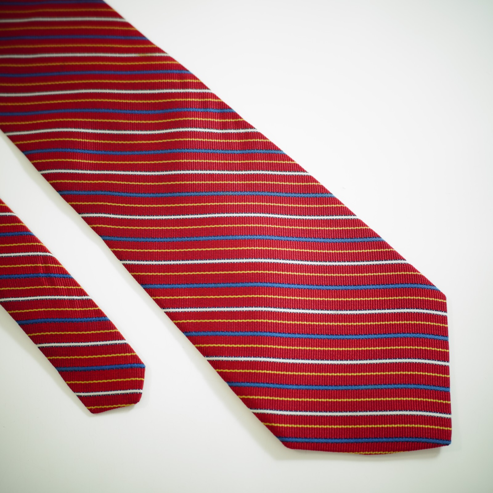 Tom James Corporate Image Red Blue White Striped Woven Wide Silk Tie