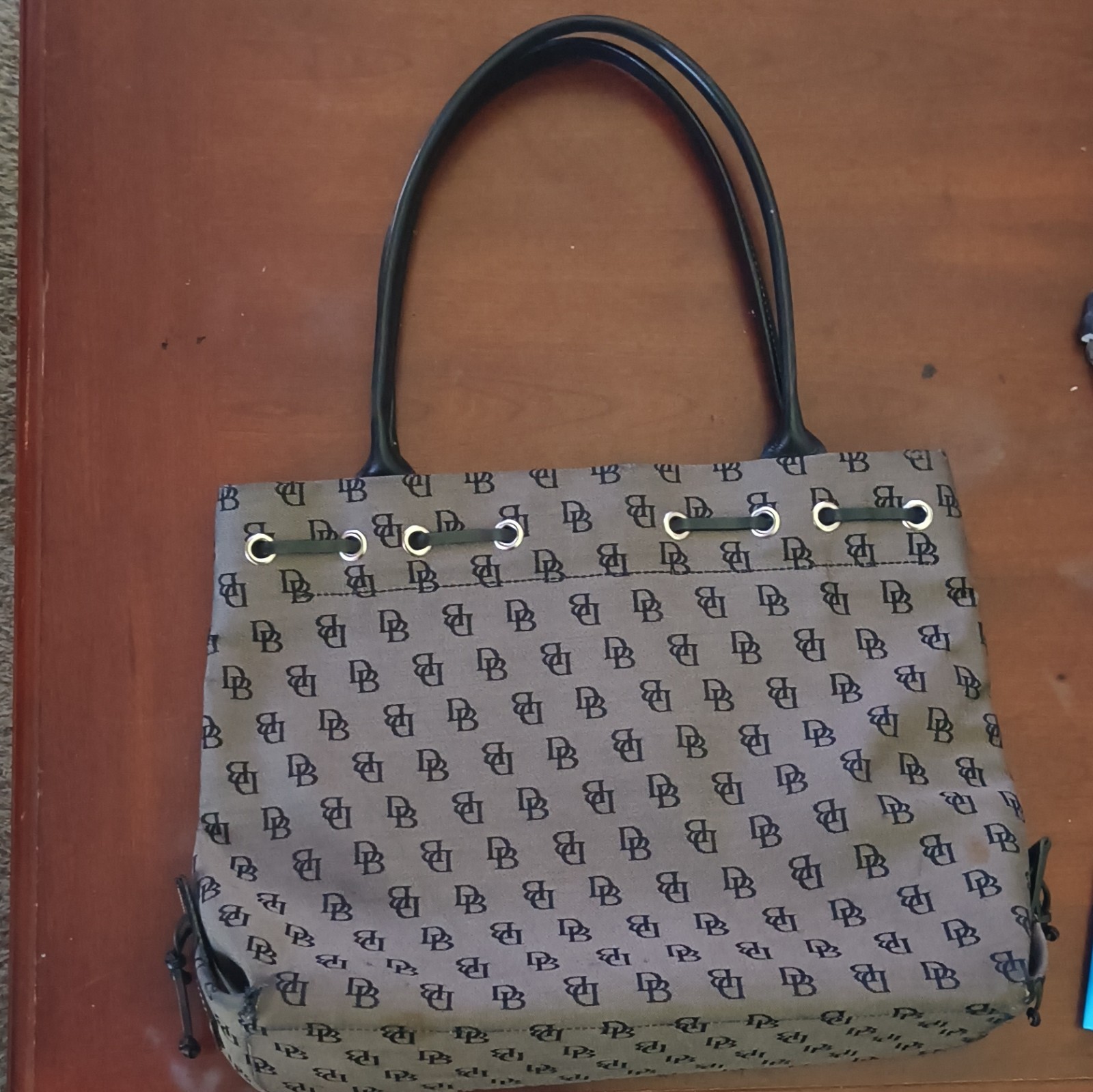 Dooney & Bourke DB Monogram Tan/Black Medium Tote Drawstring Tassel Pockets